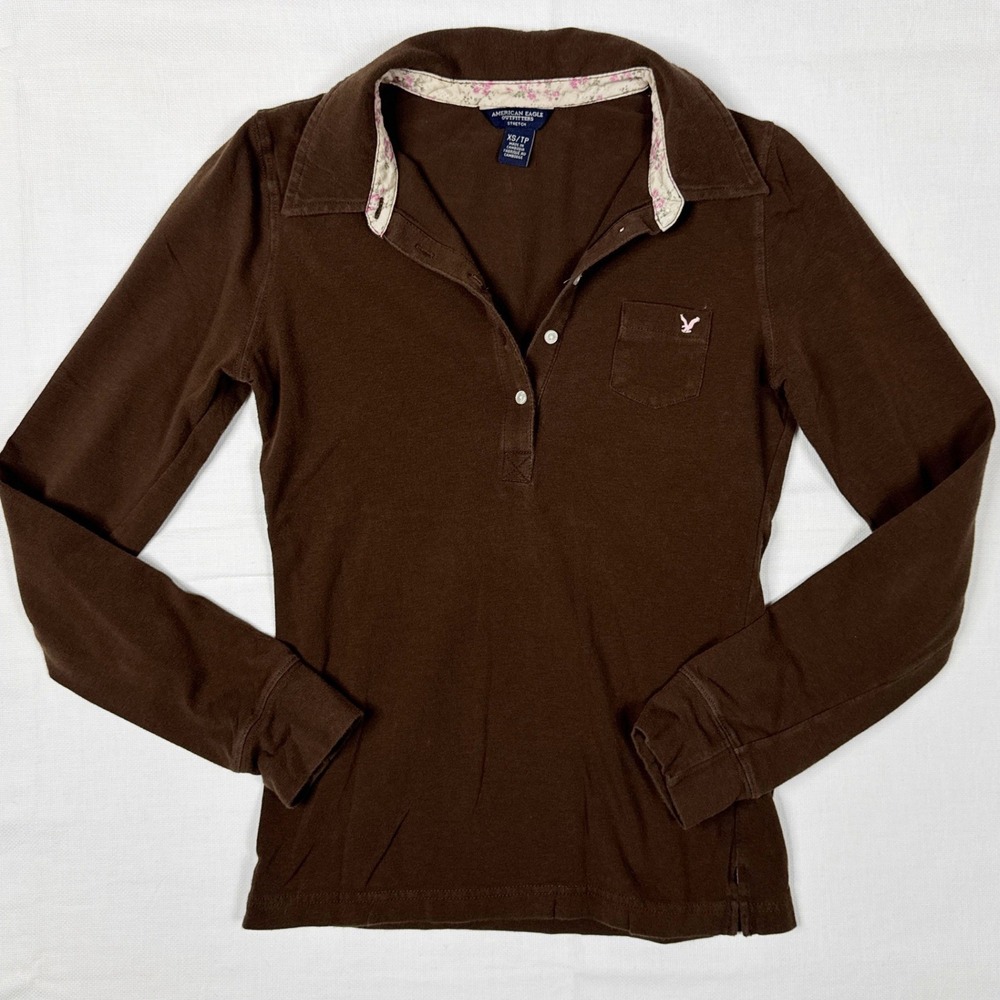 Vintage Y2K American Eagle Top XS‎ Long Sleeve Floral Trim Polo Shirt Brown